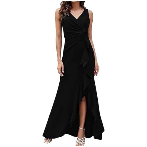 Generisch 2025 - Elegantes Abendkleid für Damen, V-Ausschnitt, ärmellos, zweiteilig, schmale Passform, langes Kleid für Kleid Elegant Festlich Blau (Black, XXL)