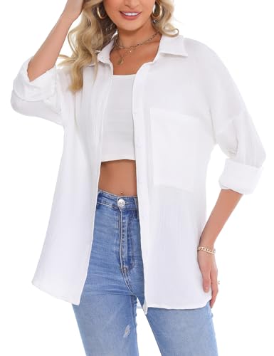 Aottori Musselin Bluse Damen Elegant 100% Baumwolle Longbluse Langarm Modern Oberteile Hemd Lose Langarmshirt Blusenshirt Hemdbluse Tuniken Tops Weiß S