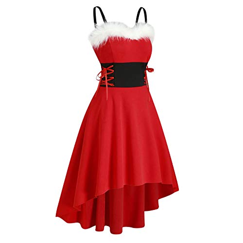 Frauen Off Shoulder Weihnachten Faux-Spitze up asymmetrische High Low Midi Schwarzes Langarmkleid Damen Lange Kleider Damen Elegant Winterkleid Damen Partykleid Damen Weihnachtskleid Swing (Red, XXL)