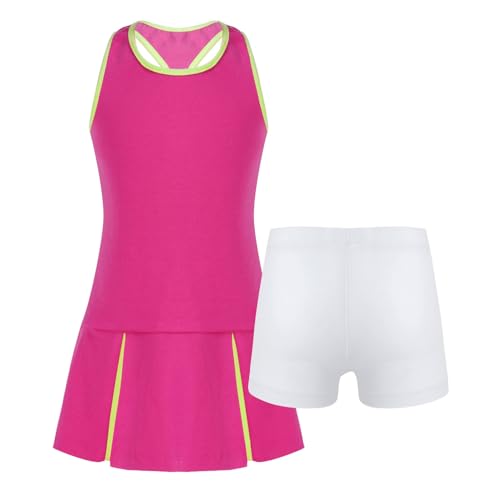 Yruioon 3 Stück Mädchen Sport Set Tenniskleid Tank Tops mit Rock Tennis Golf Badminton Sport Trainingsanzug Fitness Tanz Yoga Outfits B Rosenrot 134-140