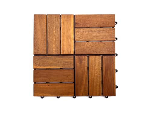 Woodtex Terrassenfliesen 30x30x2,4cm|klickfliesen Balkonfliesen aus Akazien|Akazienholz 6 Latten Bodenbelag für Balkon & Terrasse - Wetterfest mit PVC Träger|Natur hell