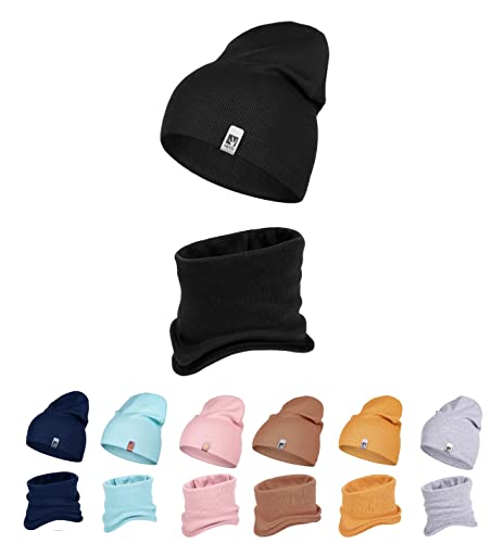 HEYO Kinder Beanie Mütze Schlauchschal Set für Mädchen Jungen Frühling Strickmütze Schal (Schwarz)