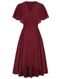 Damen Kurzarm Kleid High Waist A-Linie Cocktaikleid Elegant Chiffon Sommerkleid Rotwein 42