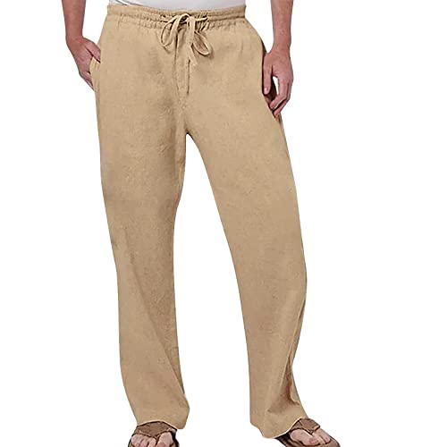 QWUVEDS Herrenmode, lässig, einfarbig, atmungsaktiv, Baumwolle Leinen, mit elastischer Taille, große Hosen Herren Jogginghose Elegant Herren Freizeithose (Khaki, XXL)