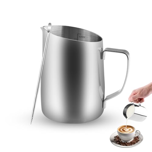 Zosenyer Milchkännchen,450ml Milk Pitcher Edelstahl mit Messmarken und Latte Art Pen, ideal für Cappuccino, Latte und Espresso, Spülmaschinenfest, Silber Milchschaumkännchen