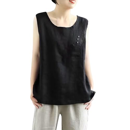 Ärmelloses Damen-Top Leinenmischung, stilvolles, einfarbiges Tanktop mit schmaler Passform Rundhalsausschnitt, ärmelloses Shirt, vielseitige Sommerkleidung. Oversized Pullover (Black, M)