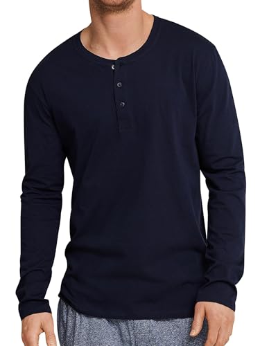 Schiesser Herren Schlafshirt Langarm Mit Knopfleiste - Mix + Relax Schlafanzugoberteil, Dunkelblau_163837, 54 EU
