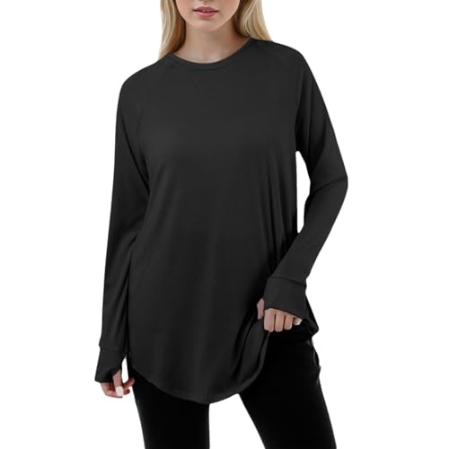 2025 Damen T-Shirt mit Rundhalsausschnitt, langärmelig, einfarbig, lockere Passform, lässig, modisch, einfarbig, lockere Passform, Rundhalsausschnitt, langärmelig, Archivierte Bestellungen (Black, M)