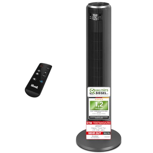 Levoit 23dB Turmventilator sehr Leise mit Fortschrittlichem Schlaf- und Automodus, 5 Geschwindigkeiten 4 Modi, 12Std Timer, 90° Oszillierender Ventilator Tower Fan mit Fernbedienung für Schlafzimmer