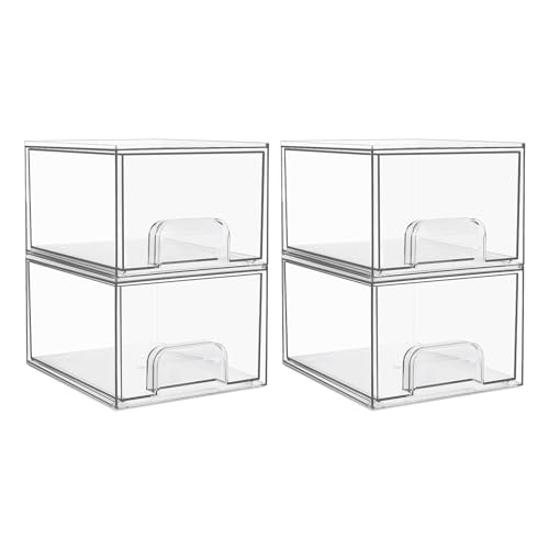 Vtopmart 4 Pack Stackable Storage Drawers, Acrylic Organiser with 32 Non-slip Mat, Acrylic Drawer Organiser for Dresser, Bathroom