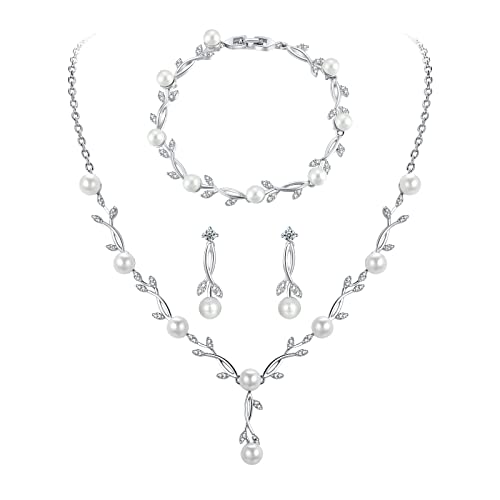 Toplstud Hochzeit 925 Schmuckset Silber Damen, Halskette Armband Ohrringe in Form eines Blattes mit Perlen, Hochzeitstag Geschenke für Braut Frauen