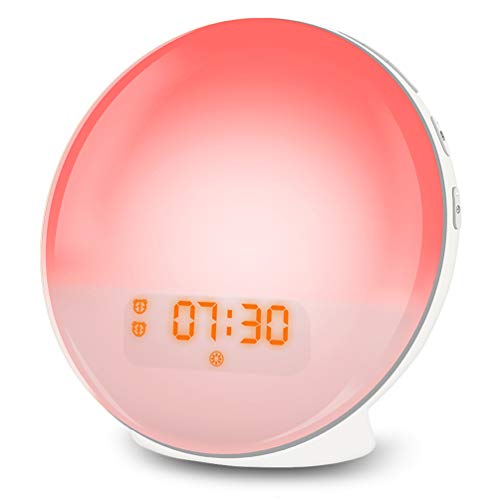 Lichtwecker LED Wake Up Light, Wecker mit Sonnenaufgangssimulation, Tageslichtwecker FM Radio Wecker mit Licht 7 Farben, 7 Wecktöne Wecker Kinder Alarm Clock Digital Uhr Nachtlicht Nachttischlampe