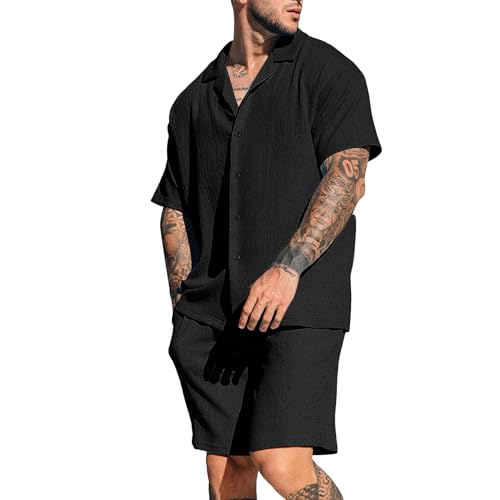 Zweiteiler Herren Leinenanzug Sommer Freizeitanzug Einfarbig 2-teilig Kurzarm Button-Up Revers Hemd und Shorts Herren Set Beach Shirt Kurze Hose Outfits Baumwolle Leinen Anzug für Urlaub Strand Alltag