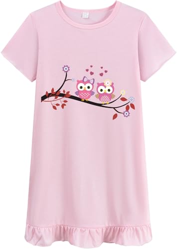 EULLA Mädchen Nachthemd Kurzarm Kinder Sommer Nachtkleid mit Niedlichen Eule Prints Rosa Schlafanzug Kleid Rüschen Hem Rundhalsausschnitt Nightdress für Mädchen Gr.134