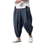 Haremshose Herren Baumwolle Leinenhose Lockere Leicht Pluderhose Elastischer Bund Sommerhose Jogging Haremhosen Sport Leinenhosen Pumphose Baggy Übergröße Harem Pants mit Taschen