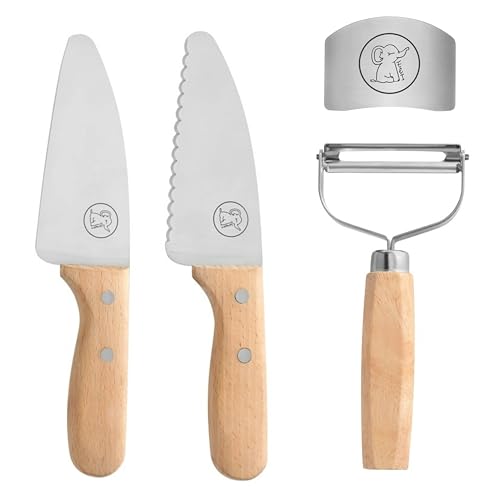 Eli® Edelstahl Kindermesser Set, hochwertiges 4-teiliges Kinder Küchenmesser Set, Messer mit Fingerschutz und Schäler, Set zum Schneiden und Kochen, Kinder Kochmesser Set, Messer für Kinder