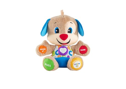 Fisher-Price Lernspaß-Hündchen mit drei Stufen, sprechendes Kuscheltier mit Musik als Kinderspielzeug und Baby Spielzeug, Interaktiver Teddybär, Babyspielzeug ab 6 Monate, Deutsche Version, FPM50