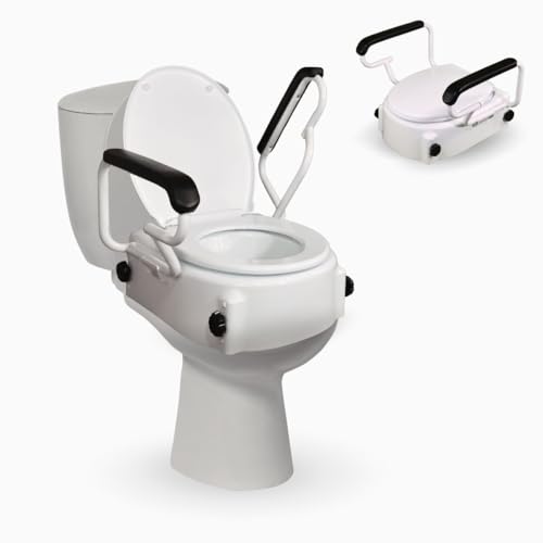 Mobiclinic®, Toilettenlift mit armlehnen, Tajo, 19 cm, Deckel, Verstellbar in 3 höhen, Kippbar, Klappbare, Für ältere und behinderte personen, Weiß