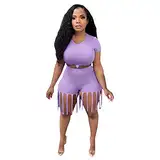 Tops Quaste Casual Short Damen Stücke Hosen Sets Ärmel Sexy Zwei Frauen Anzüge Pilz Kette Freiziet Hohe Taille Gerade Jogginghose Prämie Bequeme Atmungsaktiv Leicht Outdoor Hosenanzüge (Purple, L)