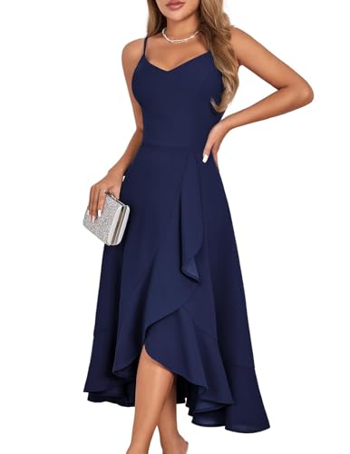 DRESSTELLS Cocktailkleid Damen Festlich Träger Hochtief Kleider für Hochzeit Dunkelblau Knielang Rüschensaum Sommerkleid Rückenfrei Curvy Elegantes Partykleid Navy XL