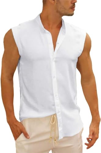 Runcati Ärmelloses Herren Hemd Tank Top Sommer Baumwollenhemd Muskelshirt für Herren Urlaub Freizeit Hemdbluse Universal Fit Weiß L