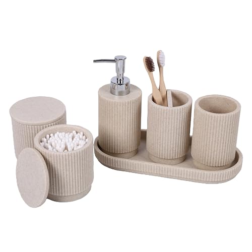 sapisecret seifenspender beige 6-stück Badezimmer Set: seifenspender und zahnputzbecher Set, inklusive seifenspender Set und seifenspender zahnputzbecher Set, hochwertig für modernes Bad Design