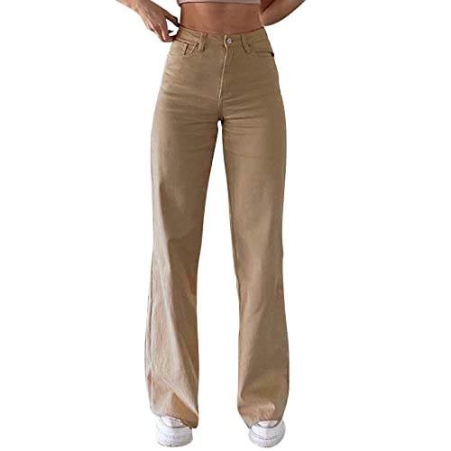 Frauen Normallack Jeans Schlaffe Lose Dünne Taillen Gerade Hosen Beiläufige Kurze Hose Damen Schwarz Stoff Jeanshose Anzughose High Waist Skinny Stretch Damenhose Outdoorhose (Khaki, XL)