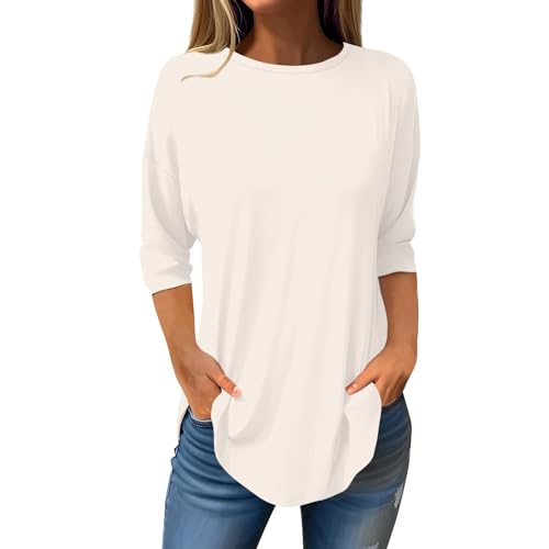 Damen Bluse 3/4 Arm Shirt XXL Oberteil Bekleidung Weiß Oberteile Frühling Glitzerpullover Longshirt Festtagskleidung Beige XL