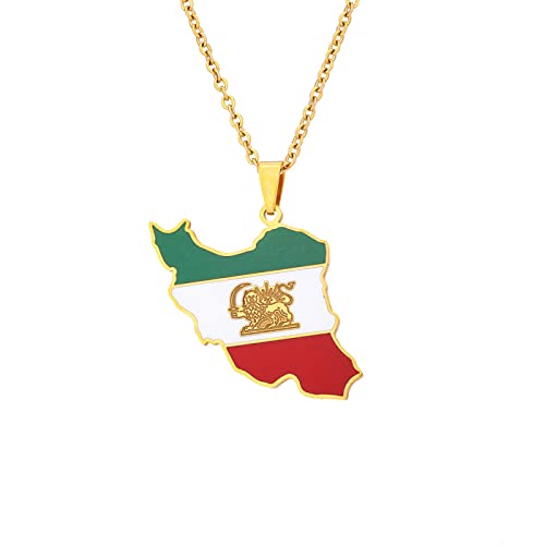 Naher Osten Iran Karte Flagge Anhänger Halskette Schmuck Charm Tropfen Glasur Karte Geometrische Hip Hop Paar Halskette Unisex Pullover Kette Für Damen Herren Geschenk,Gold,45Cm(17.7 Zoll)