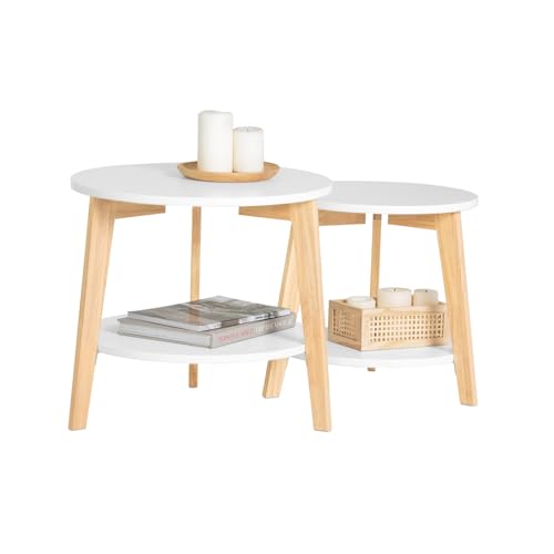 SoBuy FBT75-W 2er Set Beistelltisch mit runden Ablagen Satztisch Couchtisch Sofatisch Kaffeetisch Wohnzimmertisch Kautschukholz Weiß/Natur