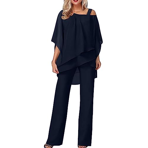 Hosenanzüge Damen Große Größen Tüll Abendanzug Sets Zweiteiler Chiffon Shirt Und Hohe Taille Hosenanzug Elegant Vintage 2-Teiliges Set Outfit Cocktail Festlich Hosenanzug