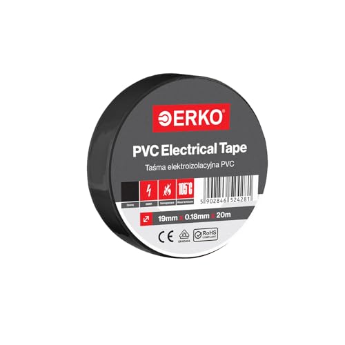 ERKO Isolierband Schwarz PVC 19mm x 20m Elektrische Leitungen Reparatur, Hochflexibel mit starker Klebekraft, Chemiebeständig, Kabel, Universal