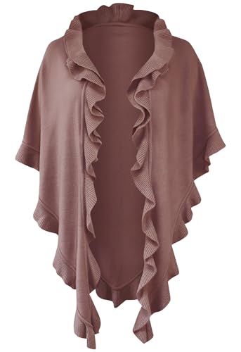 Poncho Cape Trachtentuch Umhang Stola Schultertuch Trachten-Tuch Damen Strickponcho Tracht Strick Trachtenponcho gestrickt Überwurf Volants Rüschen Schal Cashmink, Farbe:rosa