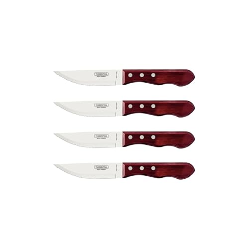 Tramontina JUMBO Steakmesser-Set, rostfreiem Edelstahl, spülmaschinenfest, Griffe aus Echtholz, FSC, (4-teilig, Rot), 25.5