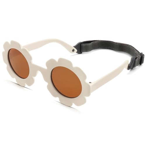 LOJUDI Sonnenbrille Baby Polarisierte mit Riemen Verstellbar Blume Silikonrahmen Baby Sonnenbrille UV400 Schutz für 0-24 Monate-Weiß/Braun