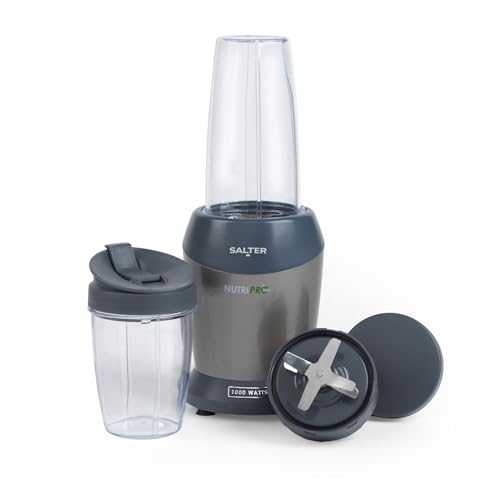 Salter NutriPro 1000 Mixer – Tragbarer Smoothie-Maker, gesunder Entsafter, Nährstoffextraktor, 2 Reisebecher (800ml/1L), Suppen/Babynahrung, Edelstahlklinge, 1000W, EK2002V4SILVERFVDE