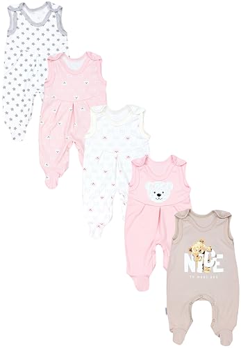 TupTam Baby Unisex Strampler mit Aufdruck Spruch 5er Pack, Farbe: Bärchen Rosa Weiß Sterne Grau Nice Teddy Beige, Größe: 56