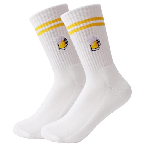 YANSYUN Bier Socken Bestickte Biersocken Atmungsaktive Sportsocken Tennissocken Crew Socken Lustige Soceken Geschenke für Bier Lese Camping Schlafen Angeln Lade Geschenke für Männer Frauen