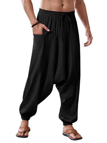 Runcati Herren Baumwolle Haremshosen Baggy Hippie Casual Leinen Yoga Hose Strand Tief Schritt Trouser Schwarz L