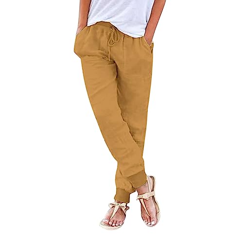 unilarinna Damen Hose Leinenhose Baumwolle Leinen Stoffhose Freizeithose Sommerhose Pumphose Yogahose Casual Einfarbig Hippie High Waist Hose Stretch mit Taschen Kleidung Sommer Hosen