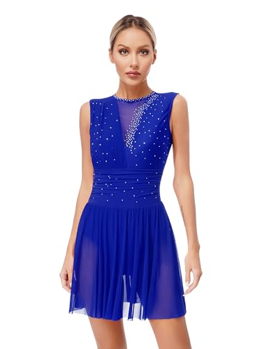 iEFiEL Eiskunstlauf Kleid Damen Glitzer Tanzkleid Rückenfrei Tanzanzug Ärmellose Trikotanzug Gymnastikanzug Tanzbody Blau S