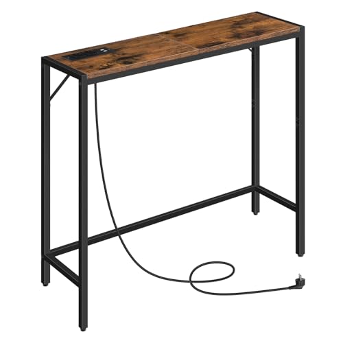 MAHANCRIS Konsolentisch mit Ladestation, 76,2 x 24 x 73,8 cm, Schmaler Beistelltisch Hinter Dem Sofa, 2 Steckdosen und 2 USB-Anschlüsse, für Wohnzimmer, Flur, Braun und Schwarz ACTHR76UE01N1
