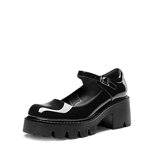 DREAM PAIRS Frauen Chunky Plattform Mary Janes Schuhe Schnalle Riemen Runde Zehe Wohnungen Seicht Mund Japanisch Süß Lolita Prinzessin Schuhe,Size 42,Schwarz-Pat,SDPU2346W-NEW-E