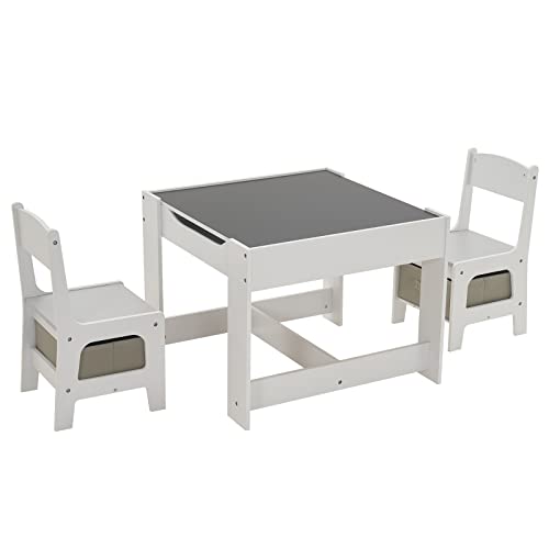 LEADZM Kindertisch mit 2 Stühlen, Kindertisch Maltisch für Kinder 3tlg Kindersitzgruppe aus Holz Kinder Tisch Stuhl Set Malttisch Tischplatte mit Tafel… (Grau)