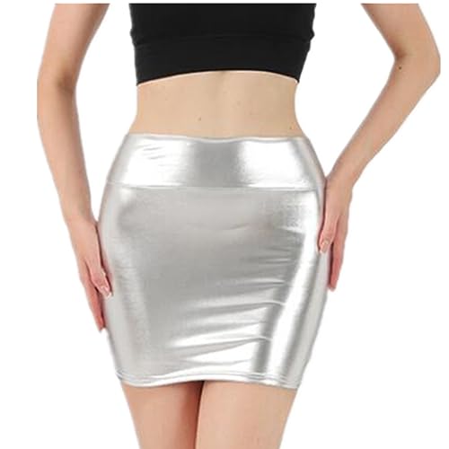 SamHeng Damen Minirock Stretch Metallic Skinny Kurz Wetlook Sexy Hohe Taille Wrap PU Leder Röcke Slim Kunstleder Bleistiftröcke Bodycon Disco Steampunk Partyröcke Clubwear, Silber