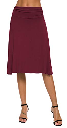 EXCHIC Damen Elegant Elastische Taille A-Linie Yoga Rock Einfarbig Sommerrock Knielang (M, Wein-Rot)