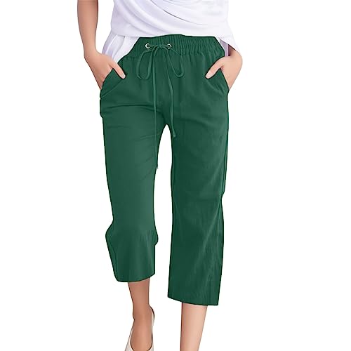 Damen Caprihose Sommer, Dünne Sommerhose Damen, 3/4 Hose Atmungsaktive Sporthosen Knielang Elastische Taille Freizeithose Leichte Lose Stoffhosen Solid Arbeitshose Hohe Taille Gym