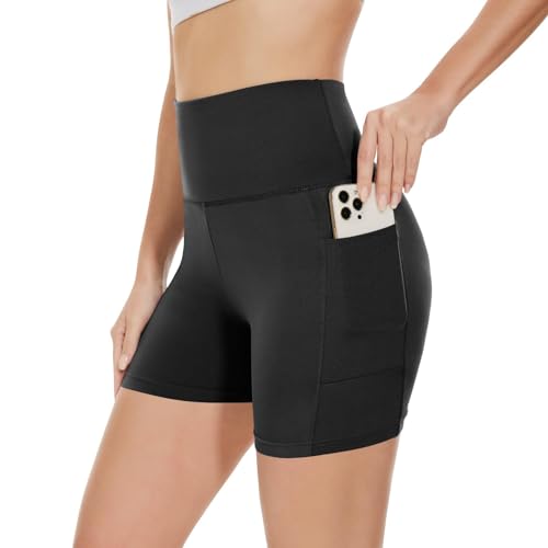 Gayhay Radlerhose Damen Kurze Leggings mit Taschen Sport Shorts Hotpants High Waist Sommerhose Bauchweg Stretchy Blickdicht Schwarze,L-XL