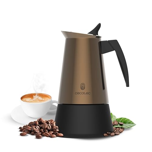 Cecotec Italienische Kaffeemaschine Piccolina 200 Gold, Kapazität 100 ml für 2 Tassen, Elegantes Design aus Stahl, Edelstahlfilter, Geeignet für alle Oberflächen, Sicherheitsventil, Silikonverschluss