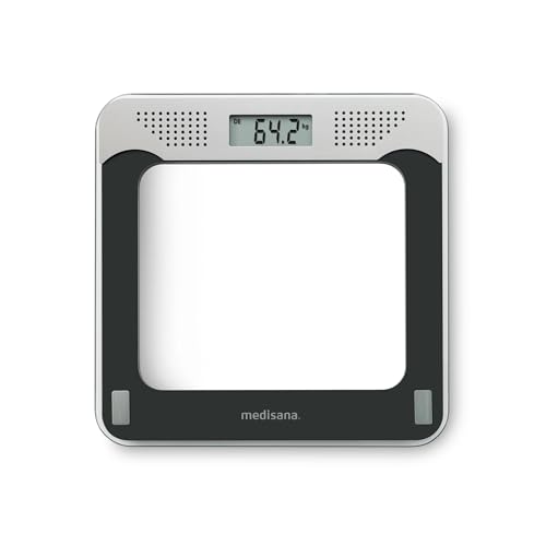 medisana PS 425 Sprechende Personenwaage, Präzise digitale Waage aus Glas, 4 Sprachen, Integrierte Abschaltautomatik, Schwarz / Grau, bis 180 kg